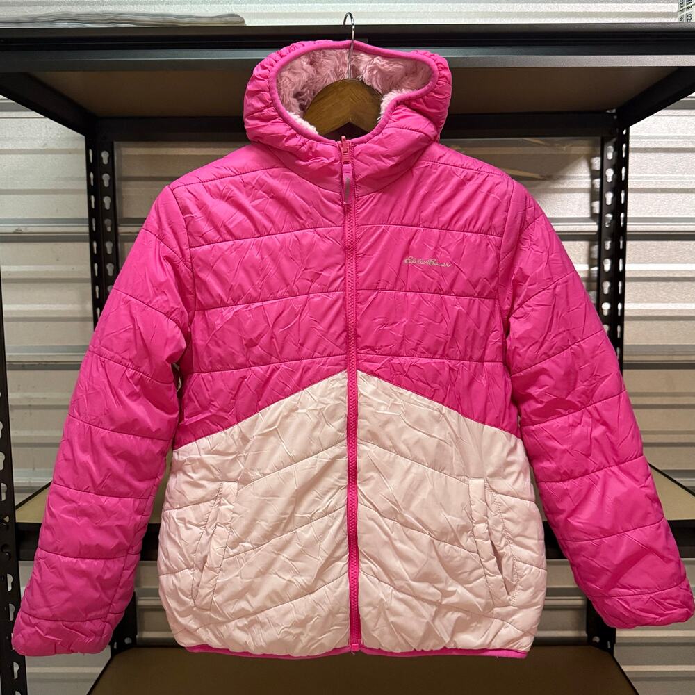 Eddie Bauer Pink Colorblock Hooded Puffer Jacket Girls Size M
